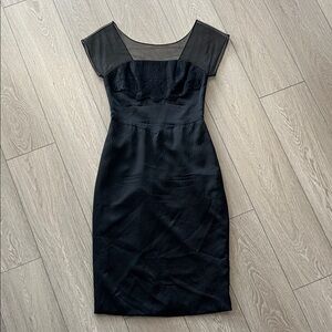 Miguelina Black Midi Dress with Sheer Cap Sleeves & Lace Accents